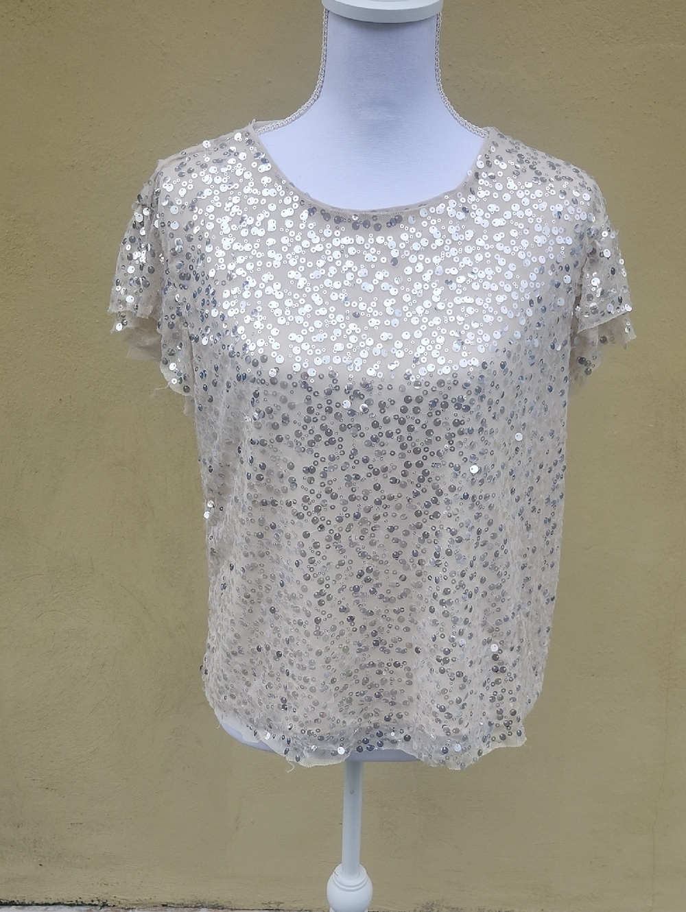 Anthropologie Cream Short Sleeve Sequin Tee